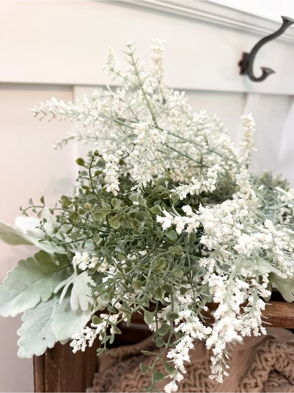 White and Sage Green Faux Floral Bouquet Arrangement Foliage Burlap Tie